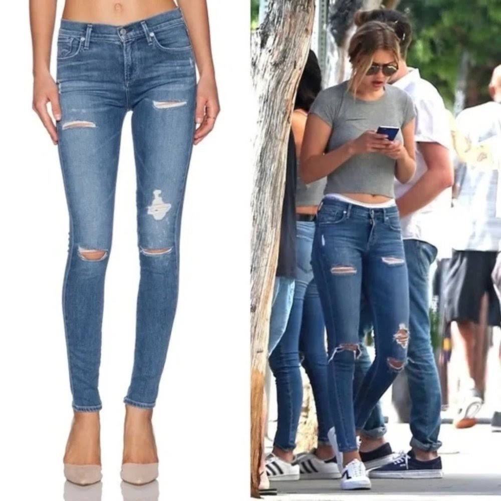 AGOLDE JEANS Sophie High Rise in Cannes Distressed Blue Stretch Denim